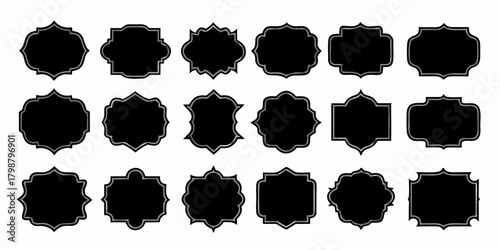 Collection of diverse ornate black decorative frames and labels with silver borders on a white background