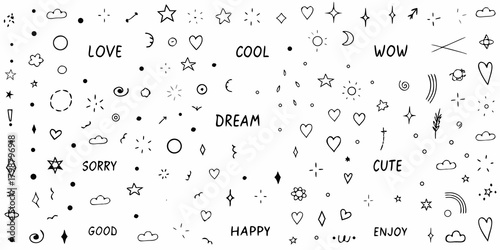 Collection of hand drawn doodle elements including stars hearts clouds and words like love dream and happy