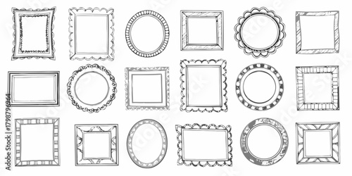 Collection of hand drawn decorative picture frames in various shapes and styles