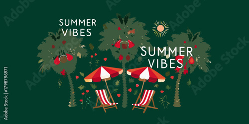 Tropical summer vibes with palm trees beach chairs and sun illustration