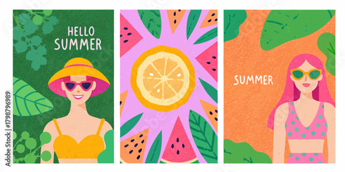 Vibrant summer triptych featuring stylish women and tropical fruits with lush greenery