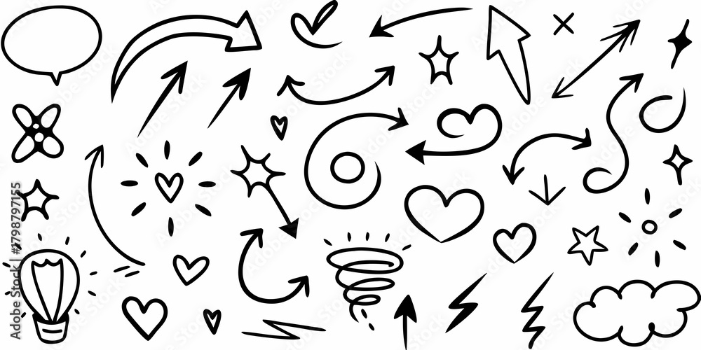 Obraz premium Collection of hand drawn black doodle elements including arrows hearts stars light bulb speech bubble and cloud