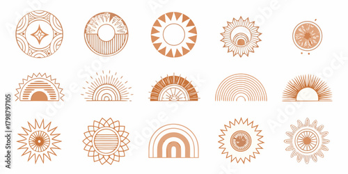 Collection of boho style sun and rainbow icons in terracotta colors
