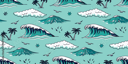 Seamless pattern of crashing ocean waves palm trees clouds and seagulls on a teal background