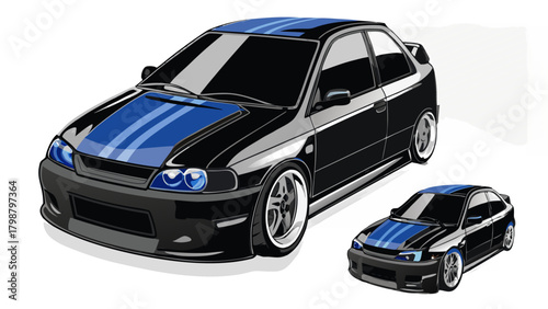 Sleek black sports car with blue racing stripes, modern design for automotive enthusiasts and digital projects