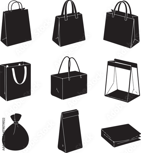 Black and White Silhouette Vector Set of 9 Gift Bag Styles Paper Bag Fabric Tote Glossy Shopping Bag Ribbon Handle Bag Box Bag Transparent Gift Bag Small Pouch Tall Bag Folded Flat Bag