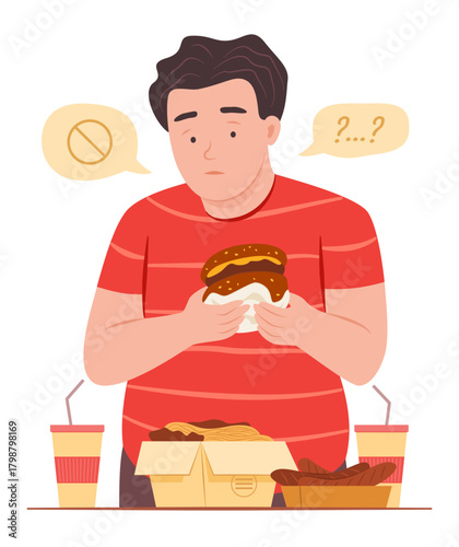 Chubby Man Hesitate to Eating the Fast Food for Unhealthy Food Eating Lifestyle Concept Illustration