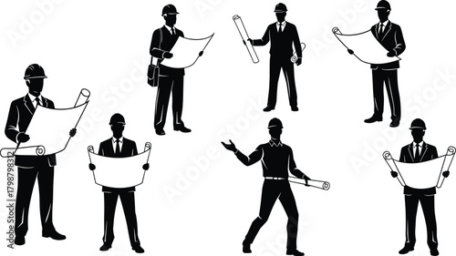 Silhouette architects and engineers reviewing blueprints, construction planning illustration, technical drawing analysis, professional project review figures for design