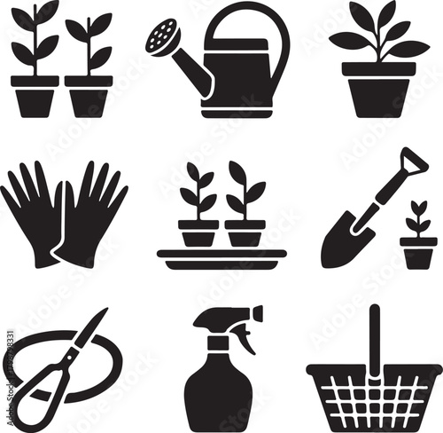 Black and White Silhouette Vector Set of 9 Greenhouse Objects Plant Pots Watering Can Gloves Spade Tray Hose Spray Bottle Garden Scissors Basket