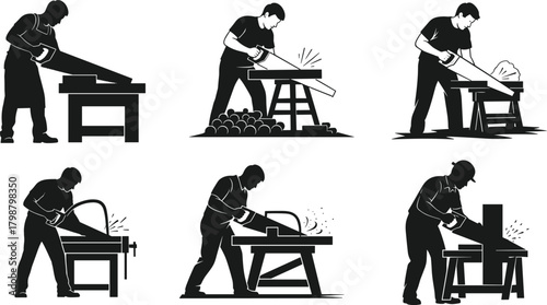 Silhouette carpenters cutting wood with hand saws, woodworking illustration showing manual sawing techniques, craft labor, carpentry skills, construction workshop tasks and wood-cutting process