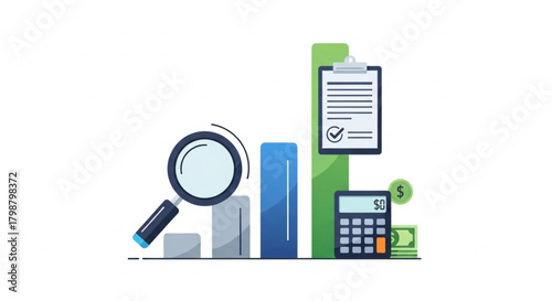 Financial Data Analysis Illustration with Charts, Calculator and Documents