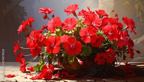 Vibrant red geraniums in a decorative pot, an indoor still life scenery