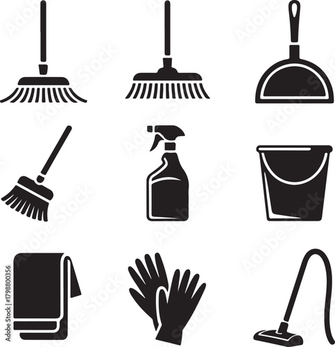 Black and White Silhouette Vector Set of 9 Housekeeping Objects Mop Broom Dustpan Spray Bottle Bucket Brush Cloth Gloves Vacuum