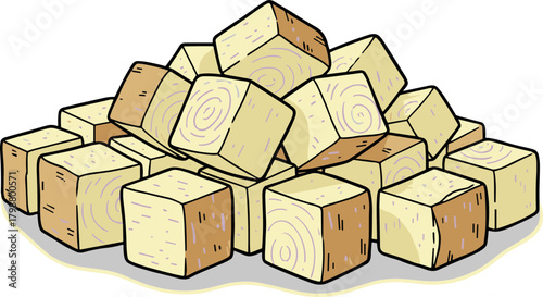 Handdrawn Pile of Diced Taro Ingredient with Line Art Style Illustration