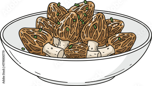 Detailed Handdrawn Bowl of Delicious Morel Mushroom with Fresh Herbs Illustration