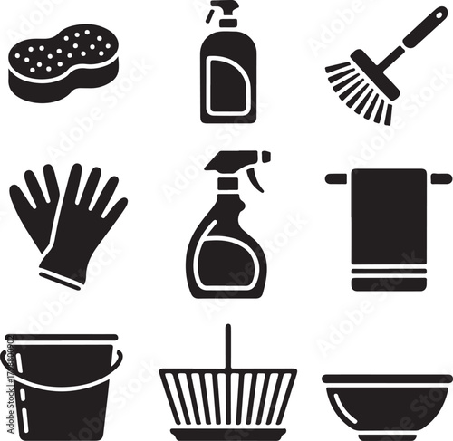 Black and White Silhouette Vector Set of 9 Kitchen Cleaning Objects Sponge Dish Soap Brush Gloves Towel Spray Bottle Bucket Dish Rack Bowl