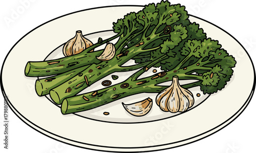 Handdrawn Grilled Asparagus with Garlic on Plate Food Illustration