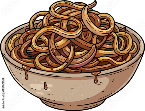 Cartoon Style Bowl of Noodles with Sauce Detailed Illustration