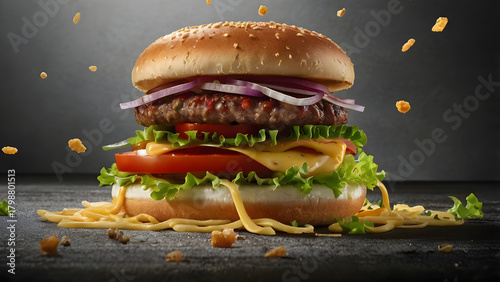 Fast food hamburger on a plate with bun cheese and toppings on table