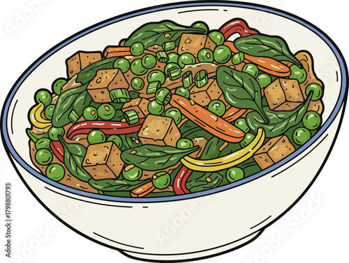 Handdrawn Colorful Stir Fry Tofu with Vegetables in Bowl Illustration