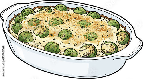 Cartoon Illustration of Gratinated Brussels Sprouts Casserole Baked Dish