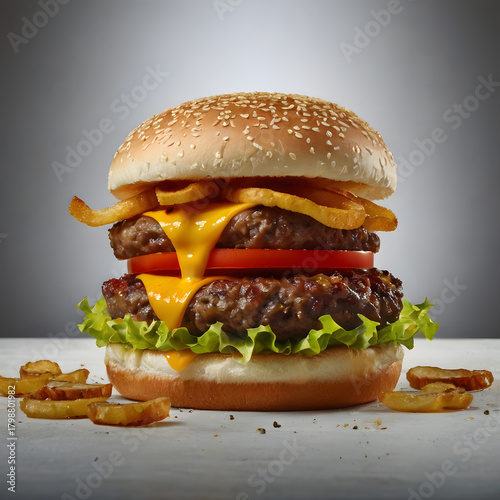 Hamburger on a plate with bun cheese and toppings on black background