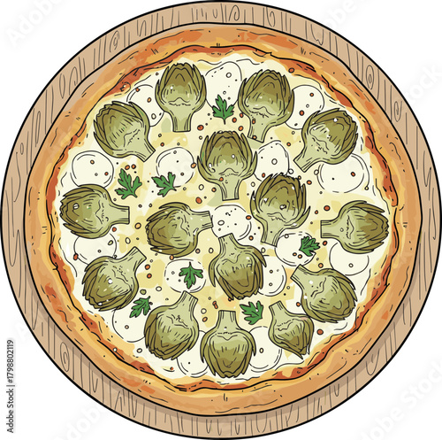 Detailed Handdrawn Artichoke and Mozzarella Pizza Recipe Food Illustration