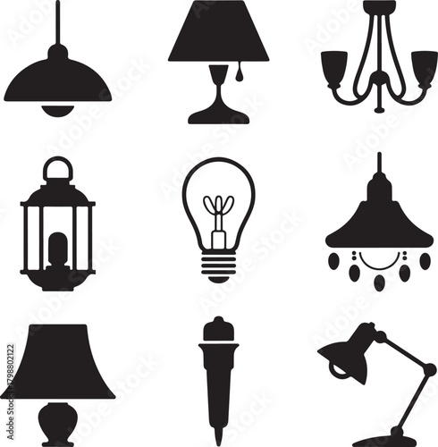 Create a black and white silhouette illustration of 9 lighting fixture objects pendant lamp, table lamp, chandelier, lantern, wall light, bulb, shade, torch, and desk lamp