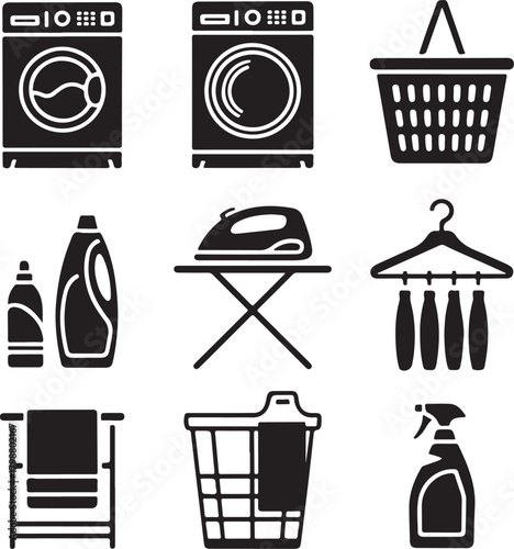 Black and White Silhouette Vector Set of 9 Laundry Room Items Washing Machine Dryer Basket Detergent Iron Ironing Board Hanger Shelf Cleaning Spray