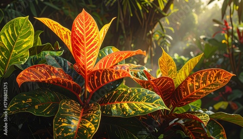Vibrant tropical croton leaves in warm sunlight showcasing nature's intricate patterns