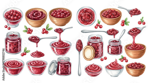 Collection of vibrant red berry sauce and jam in various bowls, glass jars, and spoons, with scattered fresh berries and dripping liquid.
