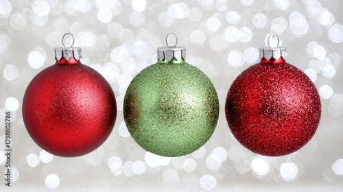 Colorful Christmas Ornaments in Red and Green with Sparkling Background