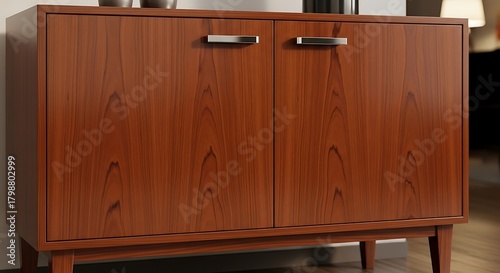 Mid Century Modern Wooden Cabinet with Two Doors and Metal Handles.
