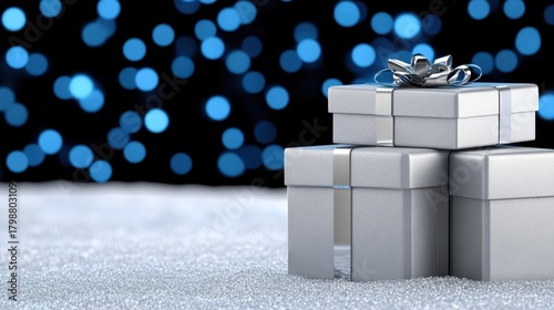 Silver Gift Boxes on Glittery Background with Blue Bokeh Lights