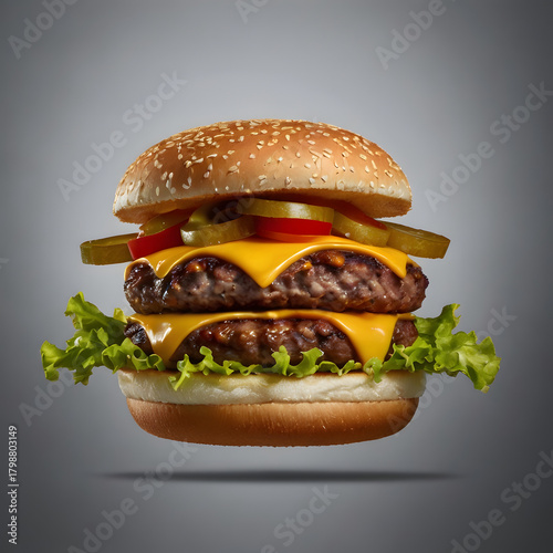 Hamburger on a plate with bun cheese and toppings on black background