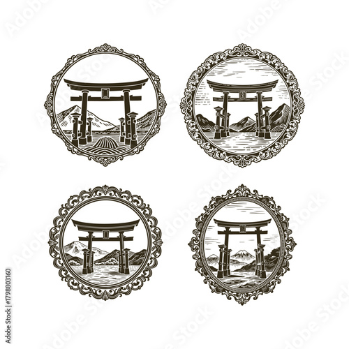 set of four vintage engraving style illustrations featuring the iconic Japanese Torii gate in a serene mountain landscape, framed by intricate ornamental borders