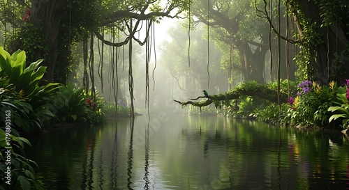 Misty jungle river with hanging vines and lush green foliage.