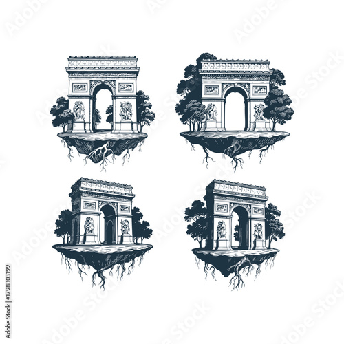 set of four vintage etching style illustrations featuring the iconic Arc de Triomphe in Paris floating on a detached island with visible roots and surrounding trees