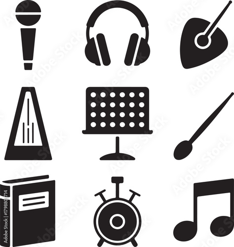 Black and White Silhouette Vector Set of 9 Musical Accessory Objects Microphone Headphones Guitar Pick Music Stand Metronome Drumstick Sheet Music Book Tuner Music Note