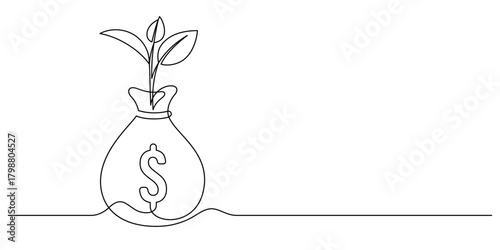budget planning growth small tree money bag one line drawing continuous handdrawn minimalist art