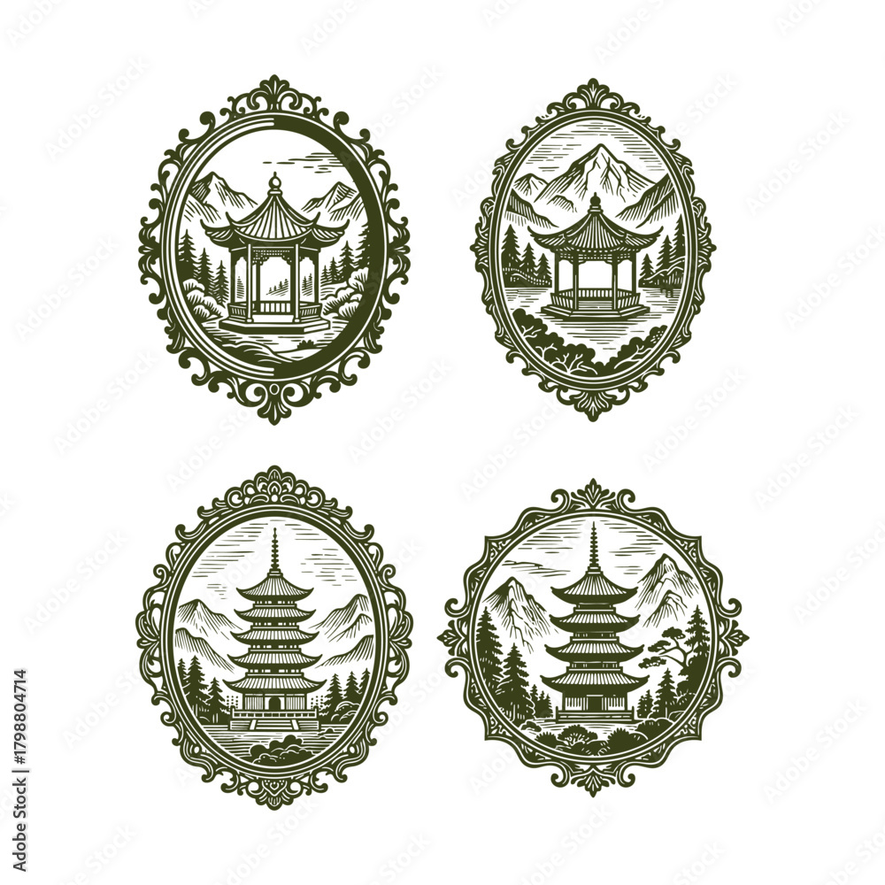Obraz premium set of four vintage engraving style illustrations featuring traditional Asian structures a pagoda and a pavilion set against a backdrop of mountains and pine trees