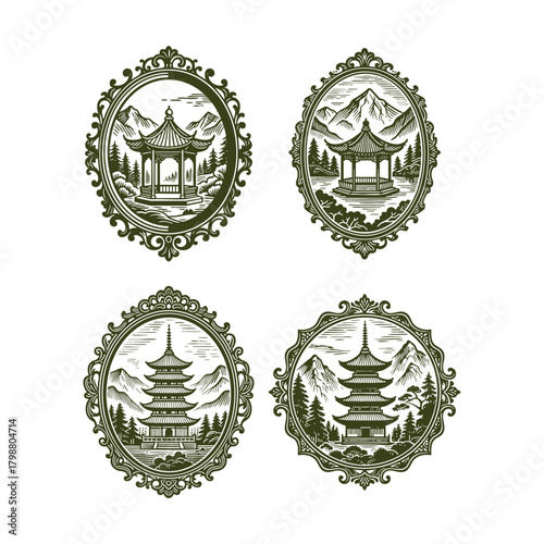 set of four vintage engraving style illustrations featuring traditional Asian structures a pagoda and a pavilion set against a backdrop of mountains and pine trees