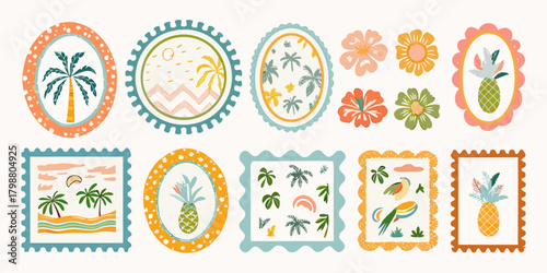 Collection of whimsical tropical postage stamps featuring palm trees pineapples flowers and birds in a playful artistic style