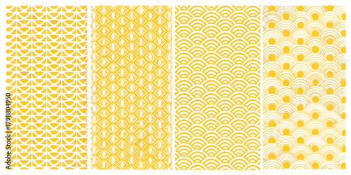 Collection of four seamless yellow and white abstract geometric patterns for design backgrounds