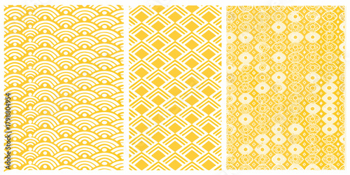 Three seamless patterns in yellow and white with traditional japanese wave geometric rhomboid and textured circular designs