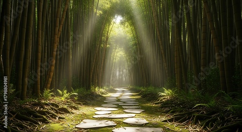 Sunlight filtering through a serene bamboo forest path.
