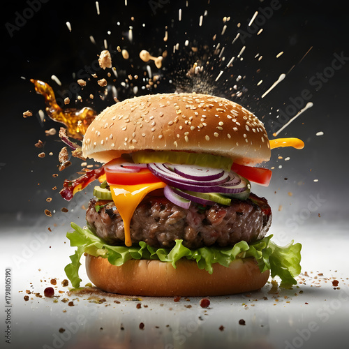 Hamburger on black background with bun cheese and toppings