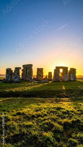 Ancient stone monument silhouetted at sunrise. Golden sunlight shines through openings, casting long shadows on a grassy field