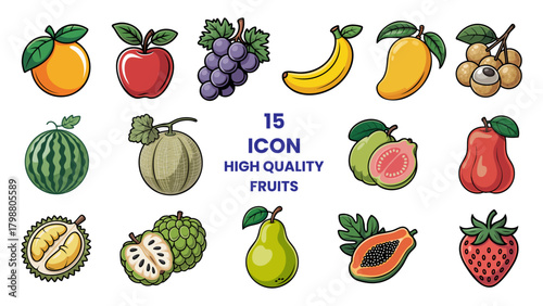 Fresh Vector Cartoon Fruits Collection on White Background
