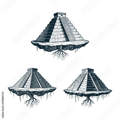 A striking set of three vintage engraving style illustrations featuring the iconic Mayan pyramid of Chichen Itza floating on detached islands with visible roots